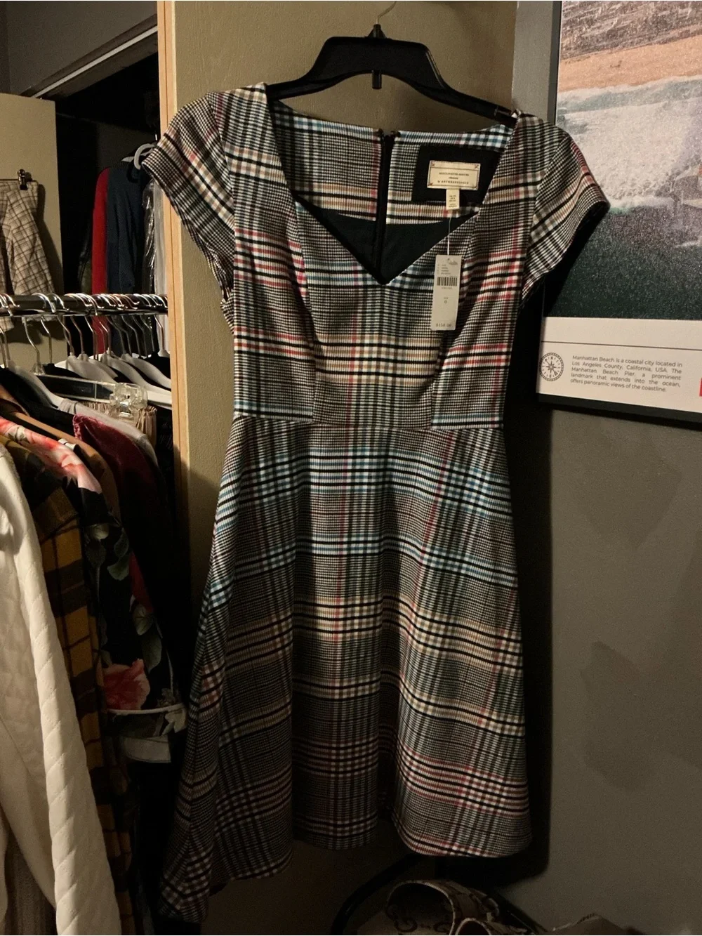 Anthropologie Plaid Fit-and-Flare Mini Dress — Gray, Pink, Black